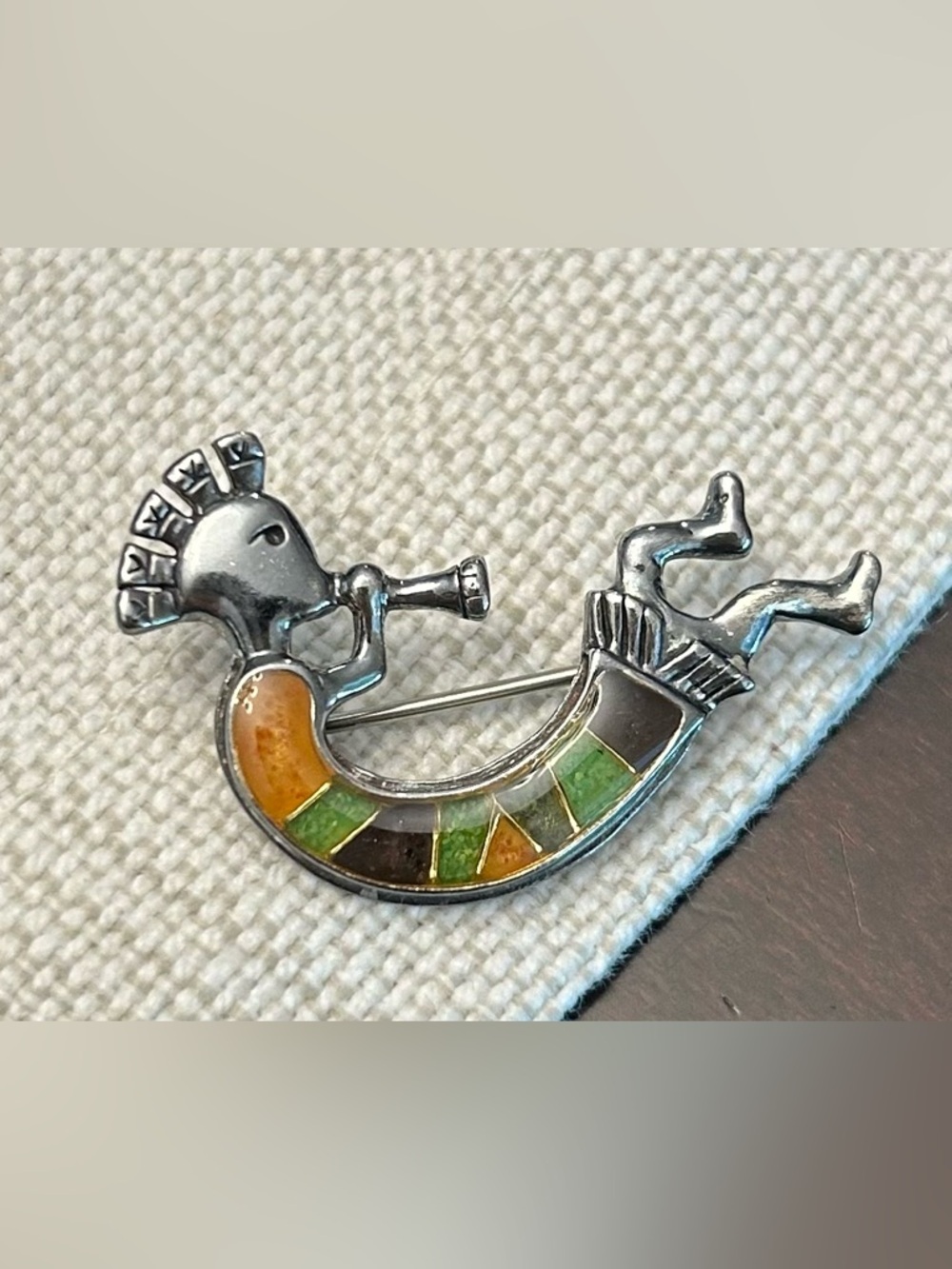 Vintage Carolyn Pollack Helios Glass Inlay Sterling Silver Kokopelli Brooch